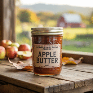 real life photo of a 8oz jar of apple butter farm scene background/ rustic label on the jar says Weaver Family Farms Produce small under the larger words Apple Butter